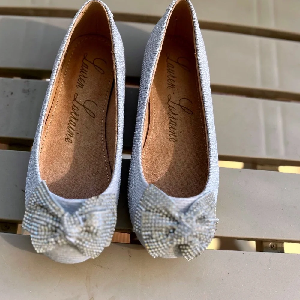 Lauren‎ Lorraine Silver Glitter Rhinestone Bow Ballet Flats Kids Size 10.5 NWB